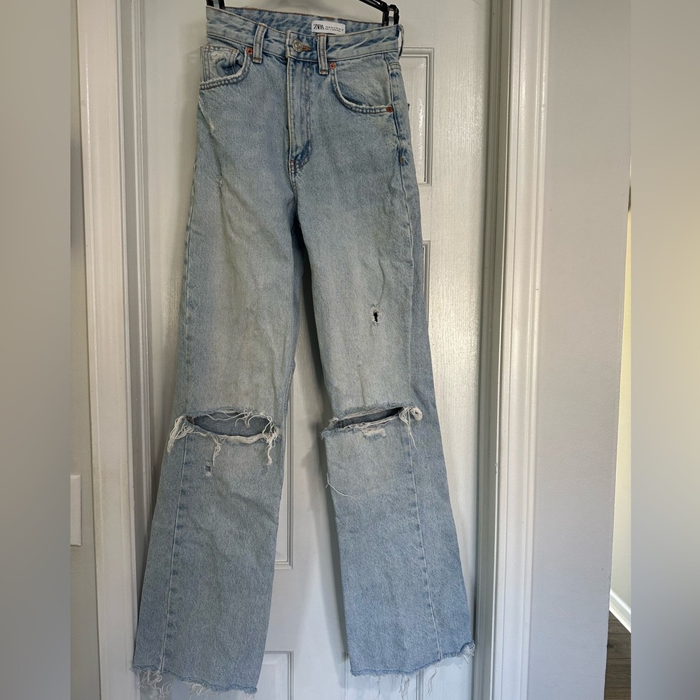 Zara Light Blue Distressed Straight Leg Jeans